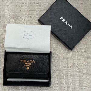 Prada Black Leather Card Holder with Gold Accents